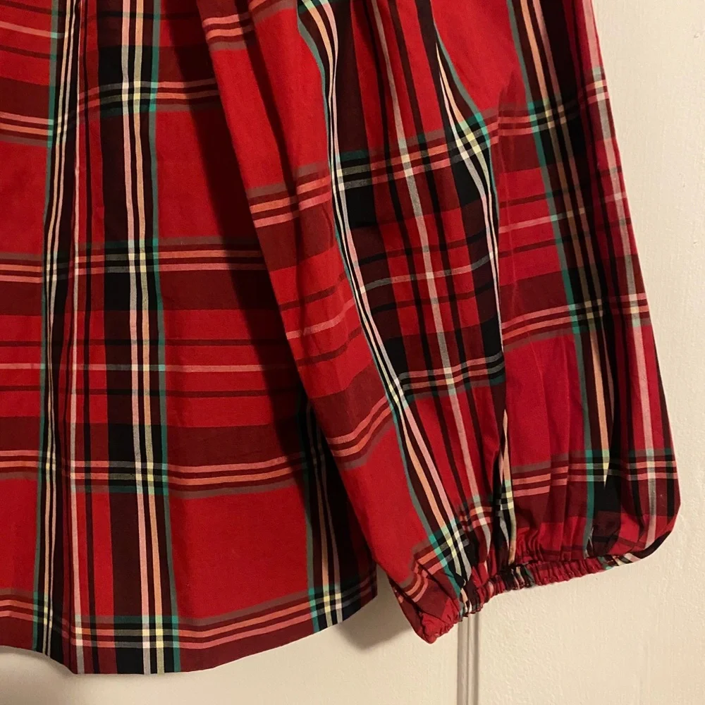 NWT J. Crew Puff-sleeve Poplin Top Good Tidings Plaid Red Size Medium